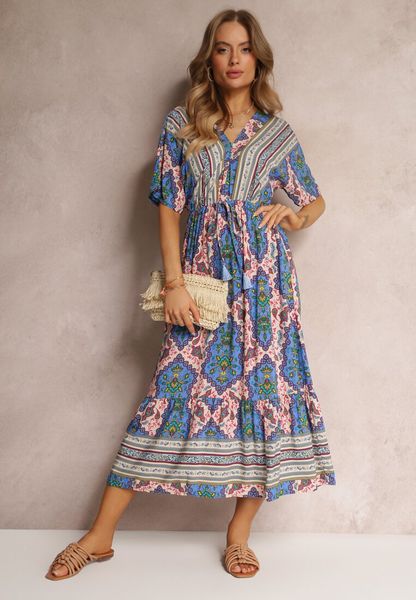 Niebieska Wiskozowa Sukienka Maxi z Gumką w Pasie i Falbanką Cophine. Niebieskie sukienki damskie Renee, na lato, l, bez wzorów, z wiskozy, bez kołnierzyka, bez ramiączek, maxi. Za 79.99 zł.