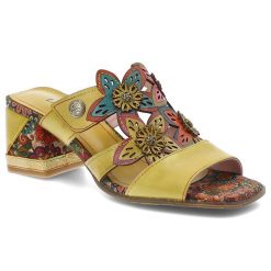 Klapki damskie Laura Vita, na obcasie ozdobne kwiaty szeroki pasek wygodna podeszwa letni styl, żółte, 09 SOK26-9. Żółte klapki damskie Laura Vita, na lato, bez wzorów, bez obcasa, na obcasie, bez zapięcia. Za 278.90 zł.