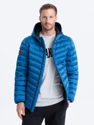 Sportowa pikowana kurtka męska o satynowym wykończeniu – niebieska V6 OM-JALP-0121 - S. Niebieskie kurtki sportowe męskie Ombre Clothing, m, z aplikacjami, z materiału, bez kaptura. W wyprzedaży za 99.99 zł.