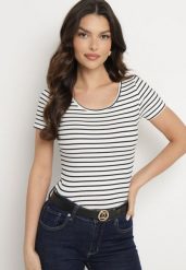 Biało-Granatowa Koszulka T-shirt z Bawełny z Krótkim Rękawem w Paski Ernlea. Białe bluzki damskie Born2be, l, bez wzorów, z bawełny, bez kołnierzyka, bez ramiączek. Za 59.99 zł.