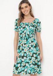 Niebiesko-Zielona Wiskozowa Sukienka Midi Rozkloszowana w Kwiatowy Print Acarana. Niebieskie sukienki damskie Born2be, na lato, m, bez wzorów, z materiału, bez kołnierzyka, bez ramiączek, midi, rozkloszowane. Za 54.99 zł.
