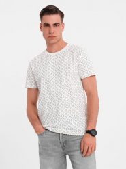 Męska koszulka dzianinowa z nadrukiem full print – biała V3 OM-TSFP-0250 - XXL. Białe t-shirty męskie Ombre Clothing, l, bez wzorów, z bawełny, bez kołnierzyka, bez ramiączek. Za 65.99 zł.