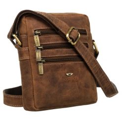 Torba męska na ramię w brązowym kolorze z suwakami na froncie - Peterson. Brązowe torby na ramię męskie Peterson, ze skóry, na ramię. Za 149.99 zł.