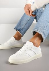 Białe Sneakersy Tenisówki z Geometrycznym Wzorem Eleamila. Białe trampki i tenisówki damskie Born2be, z aplikacjami, z jeansu, bez zapięcia. Za 89.99 zł.
