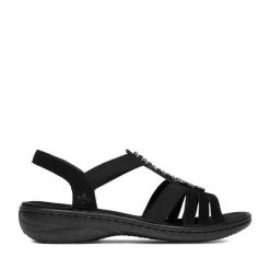 Sandały Rieker. Czarne sandały damskie Rieker, bez wzorów, bez obcasa, na płaskiej podeszwie, bez zapięcia. Za 269.99 zł.