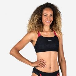 Góra stroju pływackiego damska Nabaiji Kamyleon Geol. Czarne stroje kąpielowe damskie Decathlon, s, bez wzorów, z materiału. Za 69.99 zł.