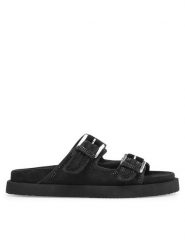 Eva Minge Klapki ELENA-24SS800 Czarny. Czarne klapki damskie Eva Minge, bez wzorów, ze skóry, bez obcasa, bez zapięcia. Za 399.99 zł.
