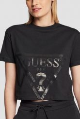 GUESS Czarny bawełniany t-shirt damski Adele Crop, Rozmiar S. Czarne t-shirty damskie Guess, s, z aplikacjami, z bawełny, bez kołnierzyka, bez ramiączek. Za 189.99 zł.