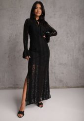 Czarna Taliowana Sukienka z Koronki Zdobiona Wiązaniem przy Szyi Terienna. Czarne sukienki damskie Renee, na imprezę, na lato, l, z aplikacjami, z koronki, bez kołnierzyka, bez ramiączek, maxi, oversize. Za 129.99 zł.