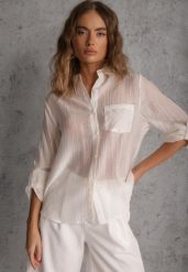 Biała Prześwitująca Koszula z Cyrkoniami Arialle. Białe koszule damskie Renee, l, bez wzorów, z jeansu, z asymetrycznym kołnierzem, bez ramiączek. Za 79.99 zł.