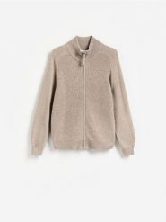Rozpinany sweter z wełny merino - beżowy. Brązowe swetry męskie Reserved, l, bez wzorów, z wełny, bez kołnierzyka, bez ramiączek. Za 259.99 zł.