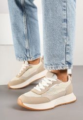 Ciemnobeżowe Sneakersy Ozdobione Geometrycznym Motywem Calgis. Brązowe obuwie sportowe damskie Renee, bez wzorów, z jeansu, bez zapięcia, trekkingowe. Za 99.99 zł.