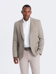 Męska elegancka marynarka z dekoracyjnymi guzikami na mankietach - beżowa V3 - Rozmiar: L. Brązowe garnitury męskie Ombre Clothing, l, bez wzorów, z poliesteru, eleganckie, bez kołnierzyka, bez ramiączek. W wyprzedaży za 149.99 zł.