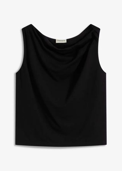 Top z przewiązaniem. Czarne topy damskie bonprix, bez wzorów, bez kołnierzyka, bez ramiączek. Za 24.99 zł.