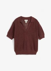 T-shirt ażurowy polo z domieszką lnu. Brązowe t-shirty damskie bonprix, w ażurowe wzory, bez kołnierzyka, bez ramiączek. Za 59.99 zł.