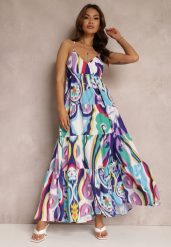 Granatowo-Biała Sukienka Iolane. Niebieskie sukienki damskie Renee, na randkę, m, bez wzorów, z tkaniny, eleganckie, bez kołnierzyka, bez ramiączek, maxi, rozkloszowane. Za 49.99 zł.