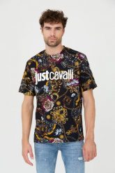 JUST CAVALLI T-shirt czarny R Print Iconic Schields. Czarne t-shirty męskie Just Cavalli, m, bez wzorów, bez kołnierzyka, bez ramiączek. W wyprzedaży za 399.99 zł.