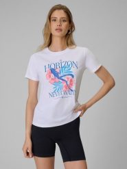 4F T-shirt regular z nadrukiem damski - biały S. Białe t-shirty damskie 4F, s, bez wzorów, z bawełny, bez kołnierzyka, bez ramiączek. Za 59.99 zł.