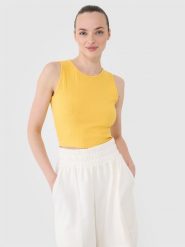 4F Crop top dzianinowy damski - żółty XS. Żółte topy damskie 4F, xs, bez wzorów, z bawełny, sportowe, bez kołnierzyka, bez ramiączek. W wyprzedaży za 29.99 zł.