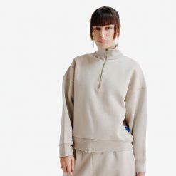 Bluza oversize ze stójką na suwak damska Elementals. Brązowe bluzy damskie Decathlon, l, bez wzorów, z bawełny, sportowe, bez ramiączek, bez kaptura. Za 179.99 zł.