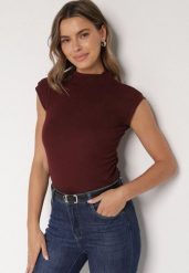 Bordowy Marszczony Top z Bawełny i Wiskozy z Półgolfem Zetalia. Czerwone topy damskie Born2be, m, bez wzorów, z bawełny, klasyczne, bez kołnierzyka, bez ramiączek. Za 59.99 zł.