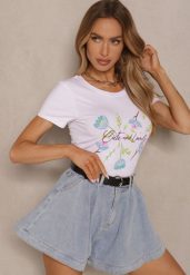 Biało-Niebieski T-shirt z Bawełny z Nadrukiem Zarive. Białe t-shirty damskie Renee, l, bez wzorów, z bawełny, bez kołnierzyka, bez ramiączek. Za 29.99 zł.