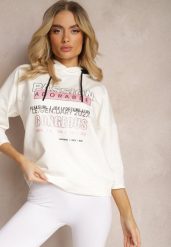 Biała Bluza z Kapturem Rękawy 7/8 Ozdobiona Napisami i Cyrkoniami Brigia. Białe bluzy damskie Renee, xs, bez wzorów, z jeansu, casualowe, bez ramiączek, z kapturem. Za 39.99 zł.