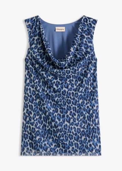 Top z dekoltem kaskadowym. Niebieskie topy damskie bonprix, bez wzorów, eleganckie, bez kołnierzyka, bez ramiączek. Za 37.99 zł.