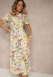 Żółta Koszulowa Sukienka w Kwiaty o Rozkloszowanym Fasonie z Paskiem Fevalirra. Żółte sukienki damskie Renee, na spotkanie biznesowe, na lato, m, bez wzorów, eleganckie, bez kołnierzyka, bez ramiączek, maxi, kopertowe. Za 89.99 zł.