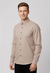 Beżowa koszula, Slim Fit, K-TANALO. Brązowe koszule męskie Volcano, m, bez wzorów, z bawełny, eleganckie, bez kołnierzyka, bez ramiączek. Za 139.99 zł.