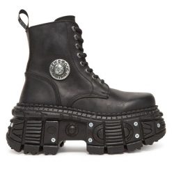 Botki NEW ROCK. Czarne botki damskie NEW ROCK, bez wzorów, rockowe, bez obcasa, na koturnie, bez zapięcia. Za 1,229.00 zł.