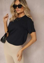 Granatowa Casualowa Koszulka z Bawełny z Krótkim Rękawem Virdula. Niebieskie bluzki damskie Renee, l, bez wzorów, z bawełny, eleganckie, bez kołnierzyka, bez ramiączek. Za 24.99 zł.