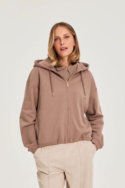 Bluza z kapturem beżowa. Brązowe bluzy damskie MOODO, l, bez wzorów, z bawełny, bez ramiączek, z kapturem. Za 139.99 zł.