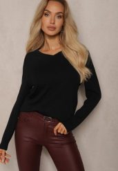 Czarny Minimalistyczny Sweter z Dekoltem w Kształcie Litery V Sinovae. Czarne swetry nierozpinane damskie Renee, m, bez wzorów, z jeansu, casualowe, bez kołnierzyka, bez ramiączek. Za 44.99 zł.