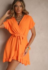 Pomarańczowa Sukienka o Rozkloszowanym Kroju z Paskiem i Falbanami Addea. Brązowe sukienki damskie Renee, bez wzorów, eleganckie, bez kołnierzyka, bez ramiączek, mini, rozkloszowane. Za 54.99 zł.