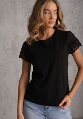 Czarny T-shirt z Bawełny z Rękawami z Koronki Hycis. Czarne t-shirty damskie Renee, m, bez wzorów, z bawełny, bez kołnierzyka, bez ramiączek. Za 59.99 zł.