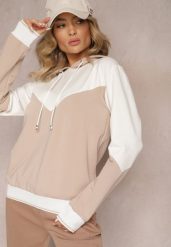Beżowa Bawełniana Bluza z Geometrycznym Kolorowym Przeszyciem i Kapturem Vifia. Brązowe bluzy damskie Renee, bez wzorów, z bawełny, casualowe, bez ramiączek, z kapturem. Za 79.99 zł.