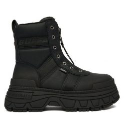 Trzewiki Buffalo. Czarne botki damskie Buffalo, bez wzorów, bez obcasa, na koturnie, bez zapięcia. Za 349.99 zł.