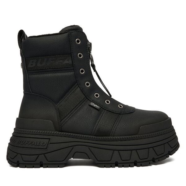 Trzewiki Buffalo. Czarne botki damskie Buffalo, bez wzorów, bez obcasa, na koturnie, bez zapięcia. Za 349.99 zł.