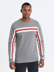 Bluza męska z lampasem - szara V6 - Rozmiar: M. Szare bluzy męskie Ombre Clothing, m, bez wzorów, z bawełny, bez ramiączek, bez kaptura. W wyprzedaży za 39.99 zł.