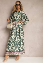Zielona Pudełkowa Sukienka Satynowa z Paskiem w Talii w Ornamentalny Print Tarosa. Zielone sukienki damskie Renee, l, bez wzorów, z materiału, bez kołnierzyka, bez ramiączek, maxi. Za 119.99 zł.