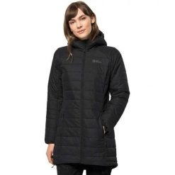 Kurtka Damska Bergland. Czarne kurtki sportowe damskie Jack Wolfskin, m, bez wzorów, z materiału, bez ramiączek, z kapturem, trekkingowe, primaloft. Za 708.99 zł.
