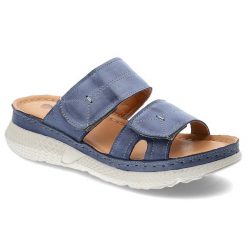 Niebieskie Klapki Armodo Wygodne Obuwie Damskie. Niebieskie klapki damskie Armodo, na lato, bez wzorów, z materiału, eleganckie, bez obcasa, na koturnie, bez zapięcia. Za 189.00 zł.