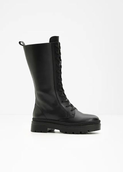 Kozaki sznurowane. Czarne kozaki damskie bonprix, bez wzorów, bez obcasa, bez zapięcia. Za 219.99 zł.