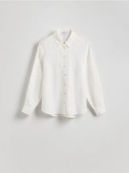 Lniana koszula - biały. Białe koszule damskie Reserved, l, bez wzorów, z tkaniny, bez kołnierzyka, bez ramiączek. Za 149.99 zł.