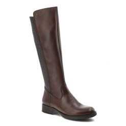 Brązowe Kozaki Rieker Wysokie Buty Damskie. Brązowe kozaki damskie Rieker, na zimę, bez wzorów, z materiału, bez obcasa, bez zapięcia. Za 450.99 zł.