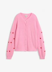 Sweter rozpinany z haftem w serca. Czerwone kardigany damskie bonprix, bez wzorów, bez kołnierzyka. Za 149.99 zł.