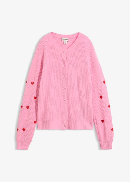 Sweter rozpinany z haftem w serca. Czerwone kardigany damskie bonprix, bez wzorów, bez kołnierzyka. Za 149.99 zł.
