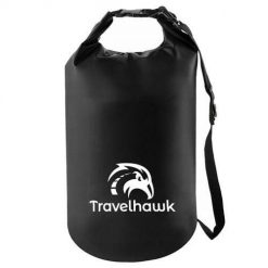 Drybag – wodoodporna torba na zewnątrz i w podróży – 20 litrów. Czarne torby na laptopa damskie TRAVELHAWK, bez wzorów, z materiału. Za 15.95 zł.