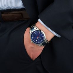 Zegarek męski bransoleta duży solidny niebieski klasyczny premium Beltimore BT02. Niebieskie zegarki męskie bez wzorów. Za 147.99 zł.